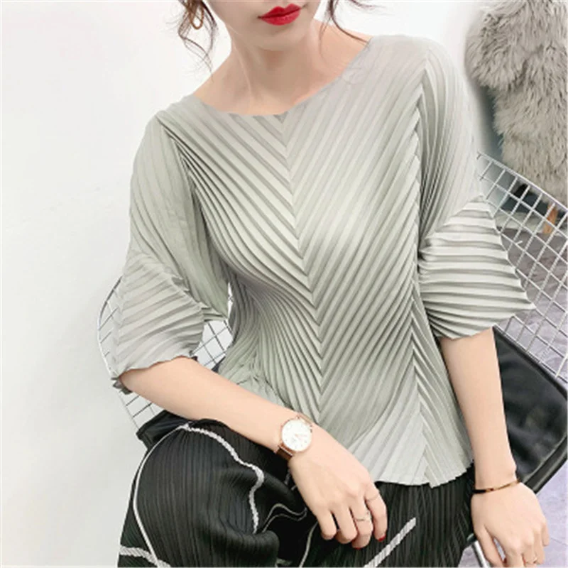 

Pleated HI-Q Tops 2021 New Summer Design Sense Irregular Top Fashion Loose Large Size Short-sleeved T-shirt Camisas Mujer