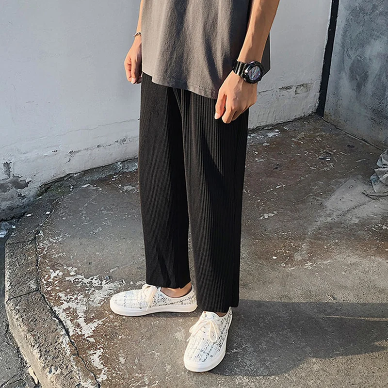 

Men's Fashion Elastic Waist Casual Pants Men's Pleated Straight Pants Streetwear Loose Ice Silk Pants Wide Leg Sweatpants