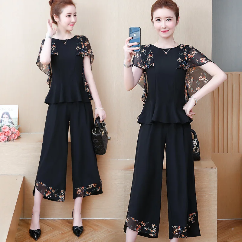 Широкие брюки летний костюм для женщин 2019 дрожащая шифоновая рубашка