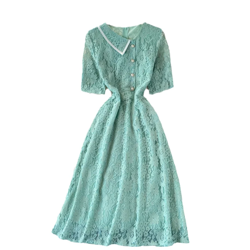 

Fashion High Waist Show Thin Dress Women Medium Length Doll Collar Lace Dress Ladies Short Sleeve Green Dresses