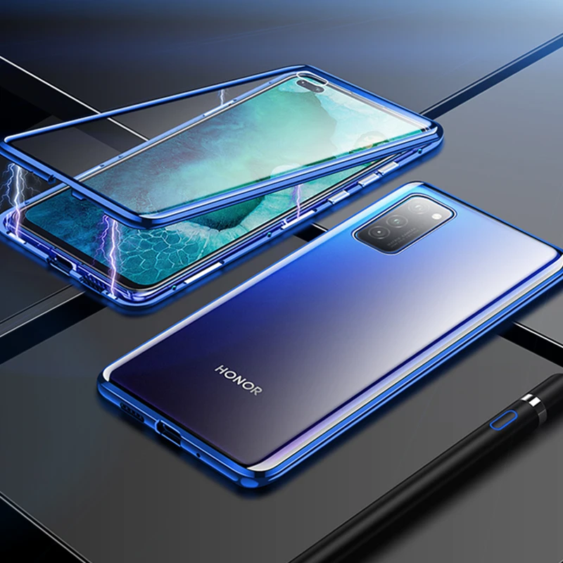 Двойной Стекло чехол для huawei Честь V30 вид 30 Pro Чехол-Броня из металла магнитное закаленное стекло чехол для huawei Honor V30 V 30 Pro 5G - Цвет: Синий