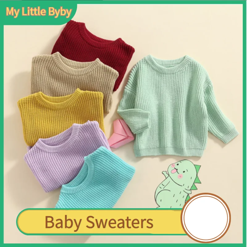 Infant Toddler Baby Girls Boys Round Neck Sweaters, Winter Warm Long Sleeve Candy Color Knit Pullovers 2021 New Fashion