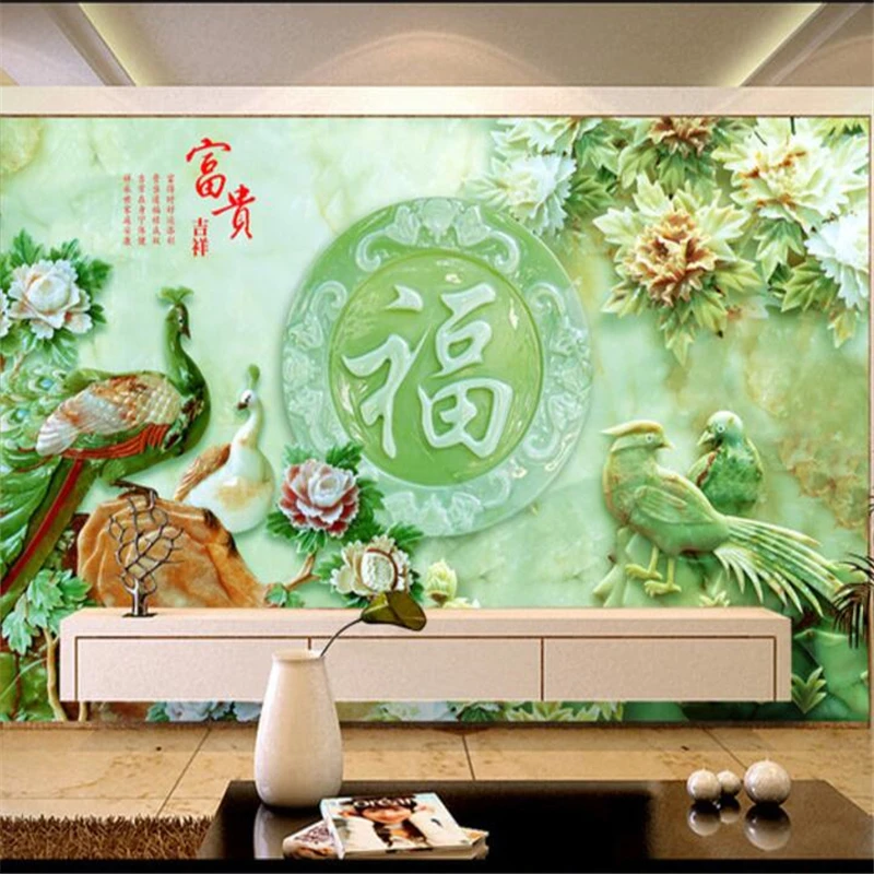 Фотообои на заказ китайский нефрит резной пион павлиний мандарин утка ТВ фон