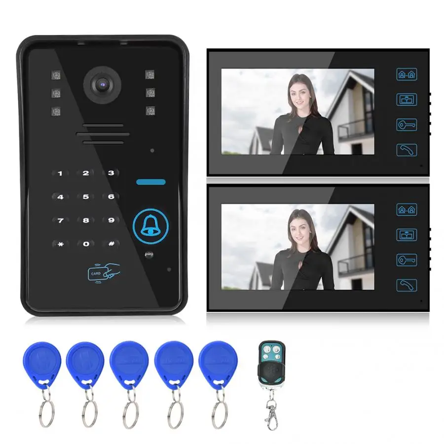 Door bell camera 7in Video Doorbell Password Card Doorphone 2 Monitors Night Vision Intercom 100-240V | Безопасность и защита