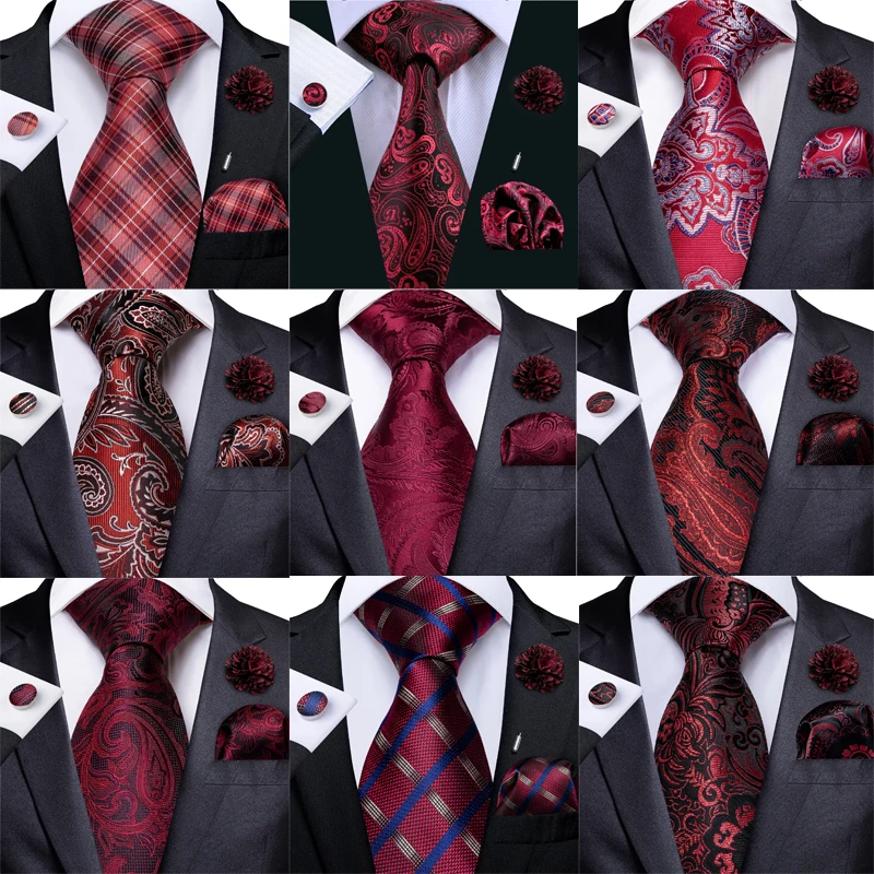 Мужской галстук 9 стилей красное вино Пейсли Шелковый Weding для мужчин Hanky запонки