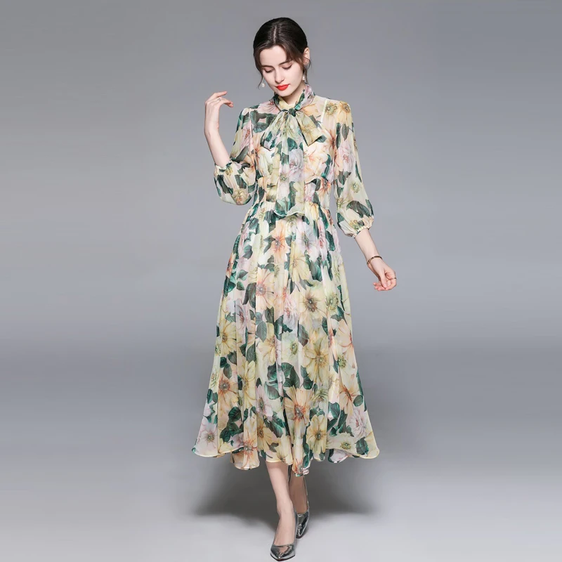 

2021 Summer Newest Fashion Designer Runway Girl Midi Dress Bow Collar Floral-Print Bohemia Vacation Elegant Party Chiffon Dresse