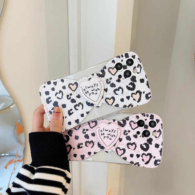 

Cute Leopard Bow Ring Holder Phone Case For iPhone 12 Pro Max 11 Pro Max X XR XS Max Soft Back Cover
