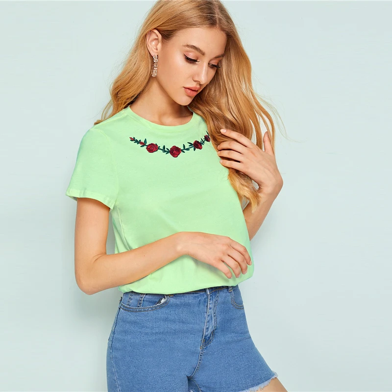 SHEIN женская футболка с вышитым цветочным принтом, женская одежда, топы, Повседневная летняя футболка с круглым вырезом и коротким рукавом