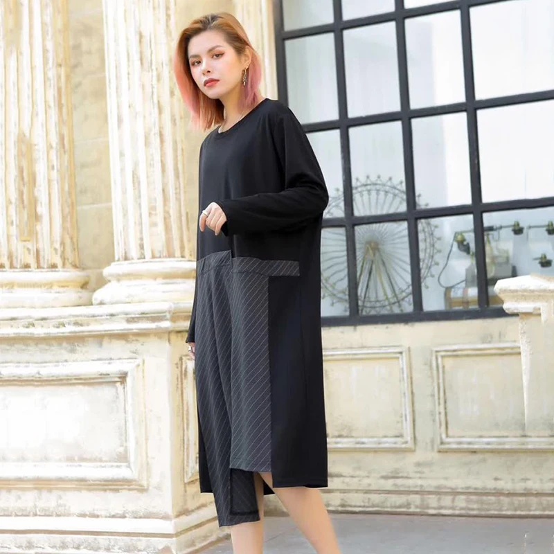 CHICEVER 2020 весеннее лоскутное Полосатое платье для женщин с круглым вырезом длинным