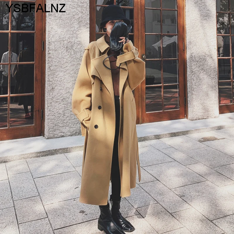 

Winter Camel Double-breasted Long Woolen Coat For Women Female Loose Fit Overcoat Blends Wool Outwear Autumn Manteau Femme