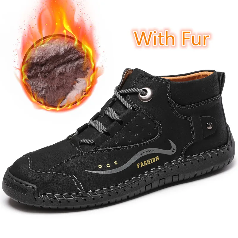 With fur black Мужские ботинки; зимние кожаные теплые ботинки высокого качества; легкие водонепроницаемые ботильоны на шнуровке с мехом; Рабочая обувь; размеры 38-46 - Цвет: With fur black