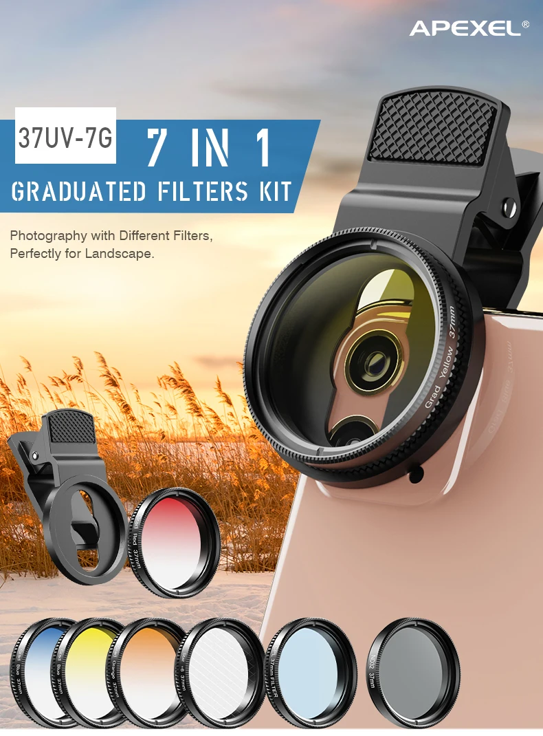 

APEXEL HD Optic Smartphone camera lens Kit 37mm UV Grad Blue Red Color Filters+CPL ND+Star Filters for iPhone Huawei all phones