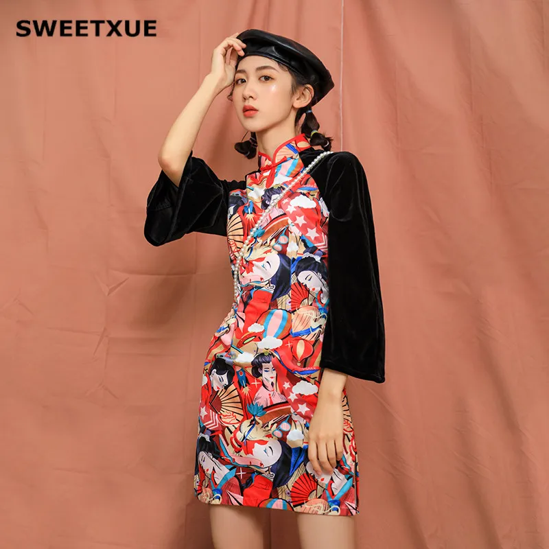 Платье Ципао в китайском стиле SWEETXUE модное Бархатное облегающее элегантное