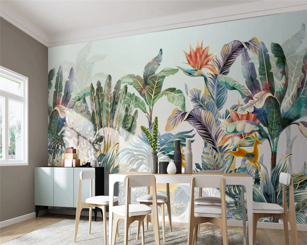 beibehang papier peint Custom hand-painted fashion Nordic tropical plant elk light luxury small fresh background wallpaper | Обустройство