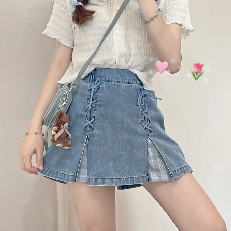 Летние милые джинсовые шорты юбка женские корейские бандажные миди-юбки с