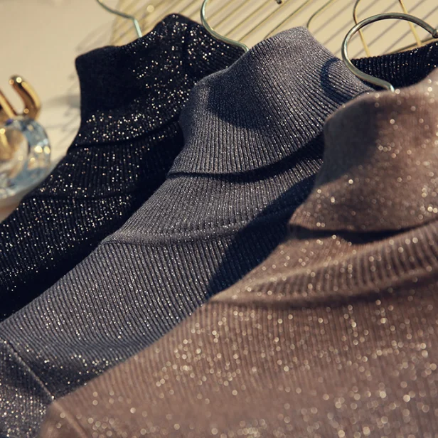 Shiny Lurex Autumn Winter Sweater Women Long Sleeve Turtleneck Pullover Basic Sweaters Korean Style Knit Tops Femme | Женская одежда