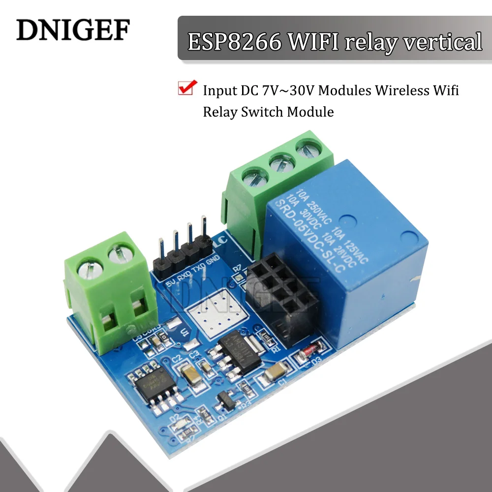 Сетевой релейный модуль DNIGEF, 1 шт., зеленый, ESP8266, 10 А, 220 В, вход Wi-Fi постоянного тока 7 В ~ 30 в, модули, беспроводной модуль переключателя Wi-Fi