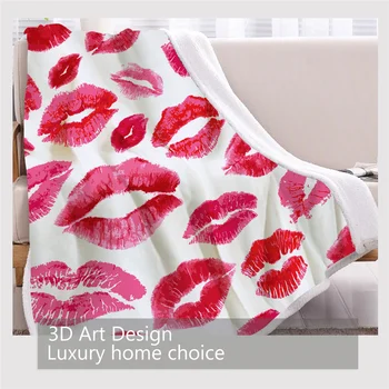 BlessLiving Watercolor Kisses Blanket For Bed Fashion Sherpa Blanket Red Lips Glitter Plush Blanket Women Pop Art Girl Bedding 3