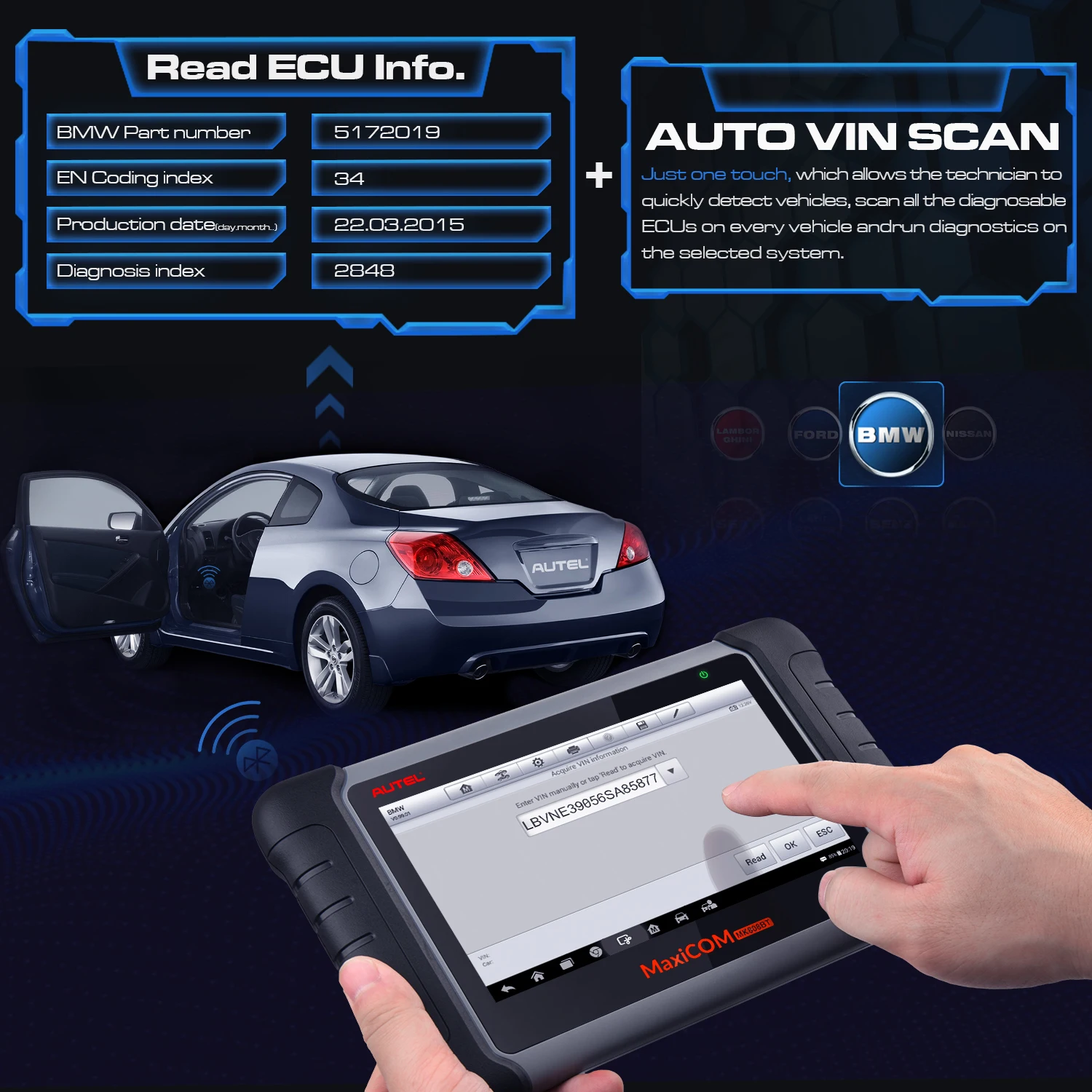 Autel MaxiCOM MK808BT OBD2 сканер автомобильный диагностический инструмент функции