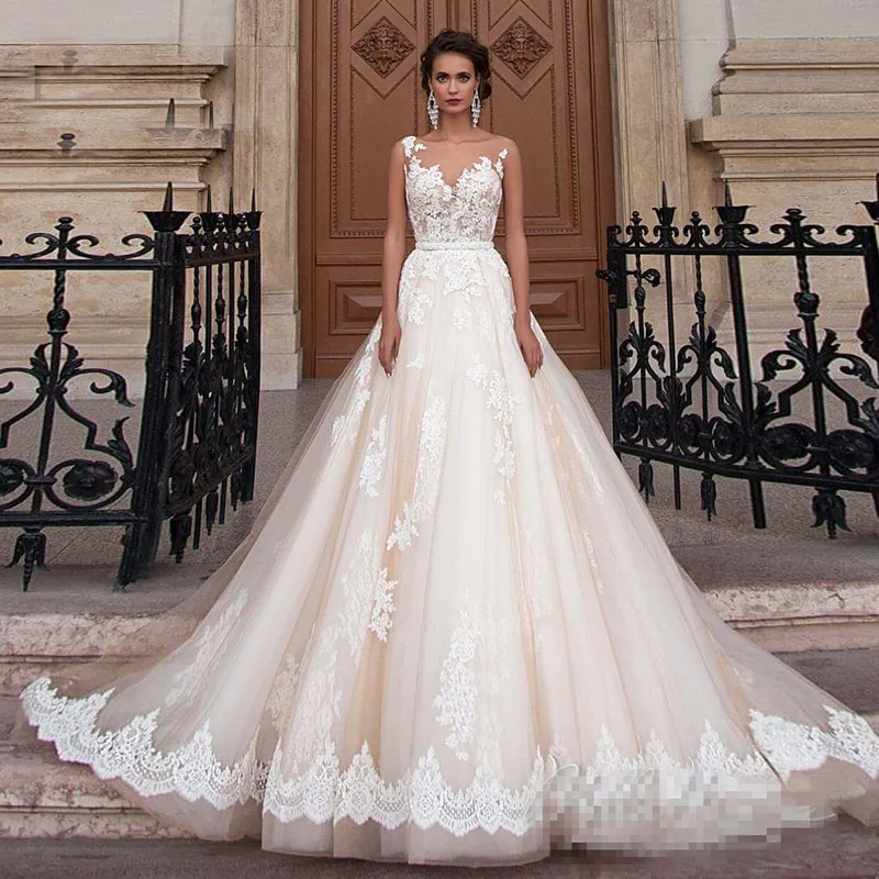 

Transparent Scoop Champagne Wedding Dresses with Detachable Beading Sash Lace Applique Sleeveless Backless Bridal Gowns 2021