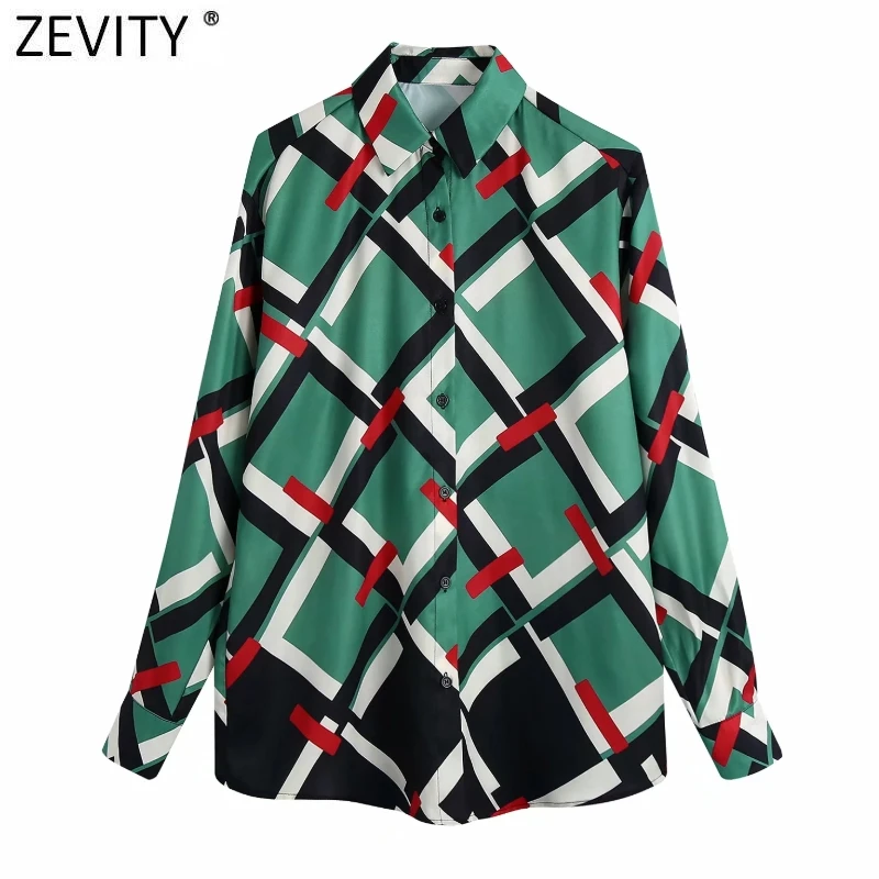 

Zevity Women Vintage Geoemtric Print Breasted Satin Blouse Office Ladies Casual Shirts Chic Chemise Business Blusas Tops LS9672