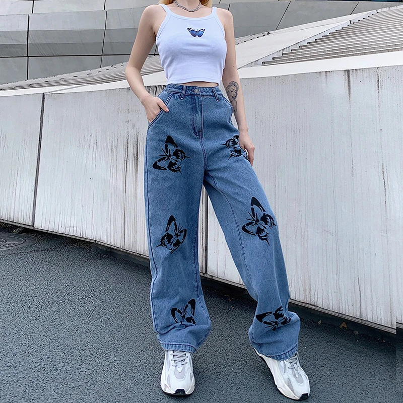 Женские прямые джинсы с высокой талией брюки принтом бабочки уличные свободные