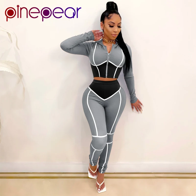

PinePear размера плюс S-XXL цвет лоскутный женский тренировочный костюм на молнии с длинным рукавом толстовки с капюшоном укороченный топ брюки п...