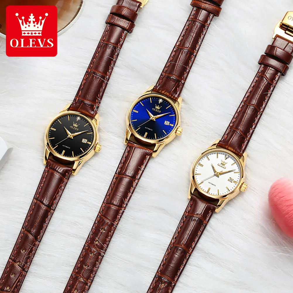 OLEVS Women Watches Top Brand Luxury Gold Lady Watch Leather Band Dress Women Watch Mechanical Wrist Watches Gift Reloj Mujer enlarge