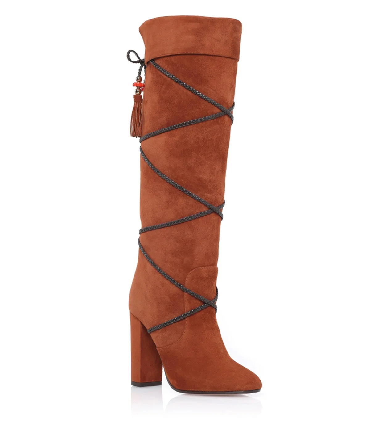 Autumn and Winter Female Velvet with Fringe Square Heel Boots Black Brown Handmade Manufacturers Direct Sales Knee High Boots