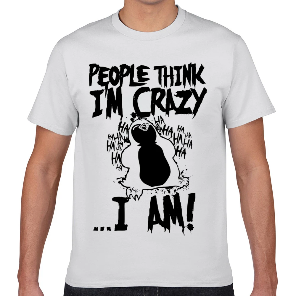 Мужская футболка с надписью think im crazy pinguin забавная белая на заказ XXX | одежда