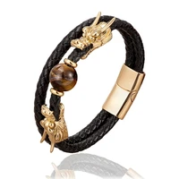 100 natural tiger eyes stone bracelets men 2020 new design dragon shape stainless steel magnet genuine leather bracelet jewelry