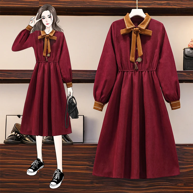 

4XL Plus Size Women Vintage Corduroy Dresses Spring 2021 Bow Turn-down Collar Patchwork Long Sleeve Loose A-Line Midi Dress