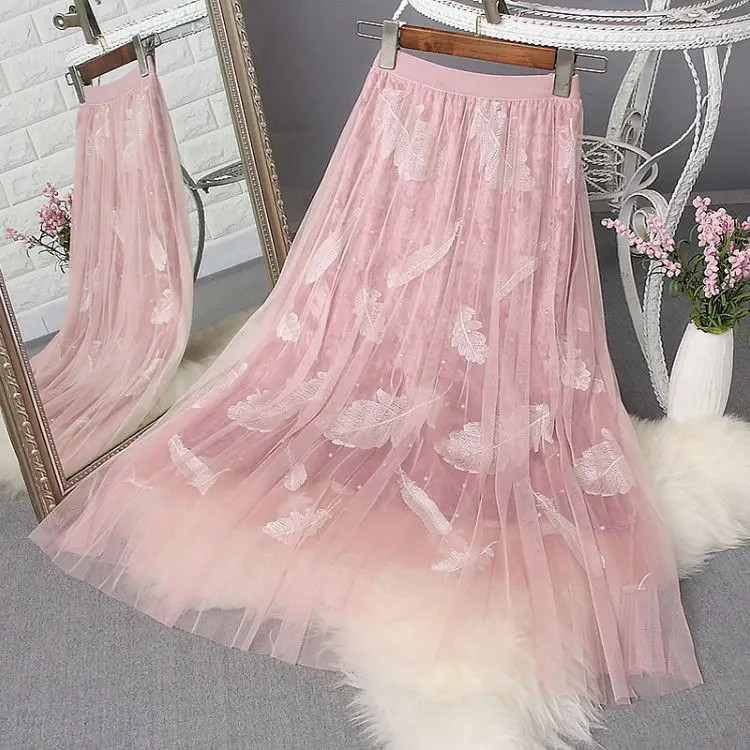 

Spring Fashion Women High Waist Long Skirt Feathers Embroidery A-line Skirts three layers fabric Sweet Womens Mesh Skirt D181