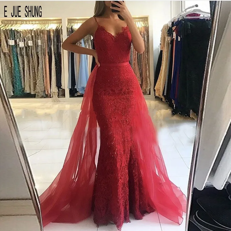 

E JUE SHUNG Red Lace Mermaid Evening Dresses Spaghetti Straps Prom Dresses With Detachable Train Party Gowns robe de mariee