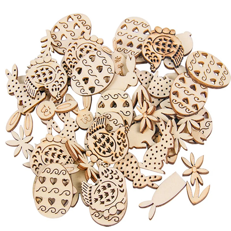 

50pcs Happy Easter Rabbit Eggs Chicken Wooden Craft Easter Decorations Home Party DIY Bunny Wood Chips Natural Hanging Ornaments