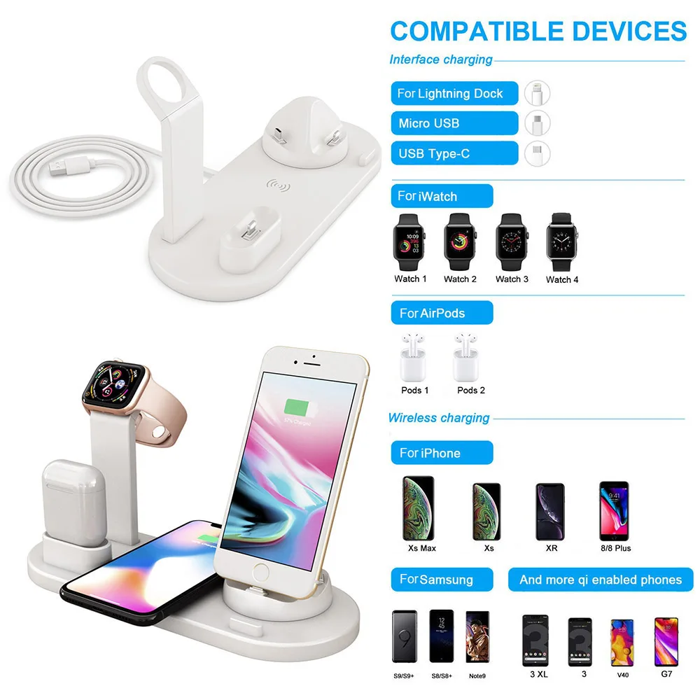 Беспроводное зарядное устройство Qi 7 в 1 для iPhone зарядная док-станция Apple Watch Airpods