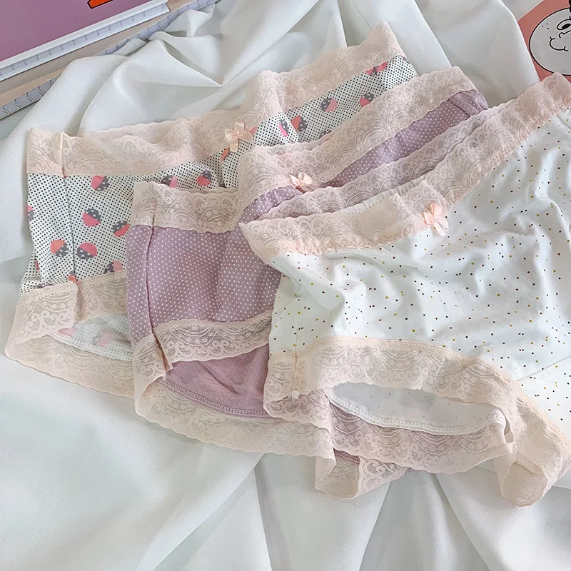 

3pcs Pink Series Soft Girls' Dot Underwear Women's Striped Printed Lace Breathable Cotton Briefs Lingerie Langerie Panties Set