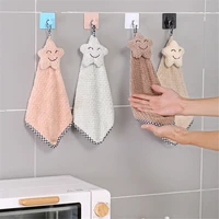 cute star smiling face hanging hand washing towel absorbent coral flannel kitchen towel easy to clean bathroom hanging towel 1pc