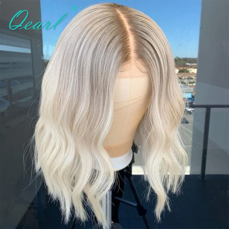 

Ombre Ash Blonde Light Grey Highlights Color Human Hair Lace Wigs Short Bob Lace Part Wig 13x1 Wavy Virgin Hair 150% Qearl