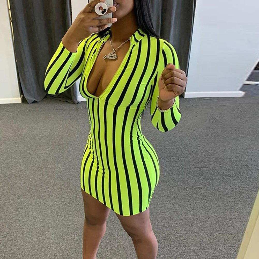 Женское облегающее мини платье в полоску с длинным рукавом молнией спереди и