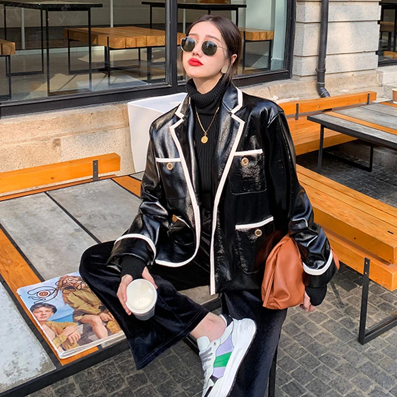 

2021 New Spring High Quality PU Leather Coat Women Streetwear Fall Leather Blazer Jacket Pockets Vintage PU Patchwork Coat PY116