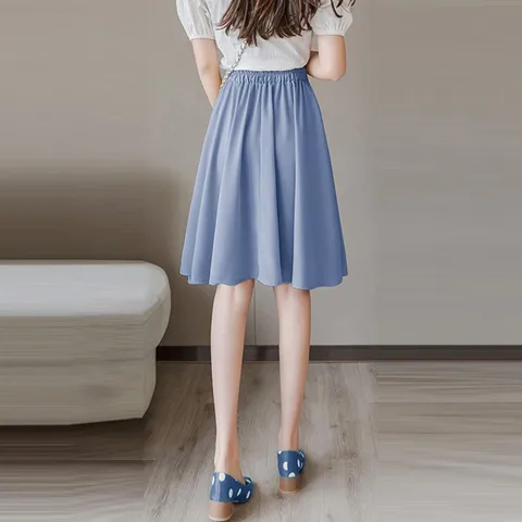 Women High Waist Knee-length Casual Skirts New 2021 Summer Fashion Korean Style Solid Color Ladies Elegant A-line Skirt W427