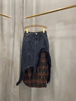 fashion 2021fw autumn women plaid patchwork asymmetrical casual midi skirt ddxgz2