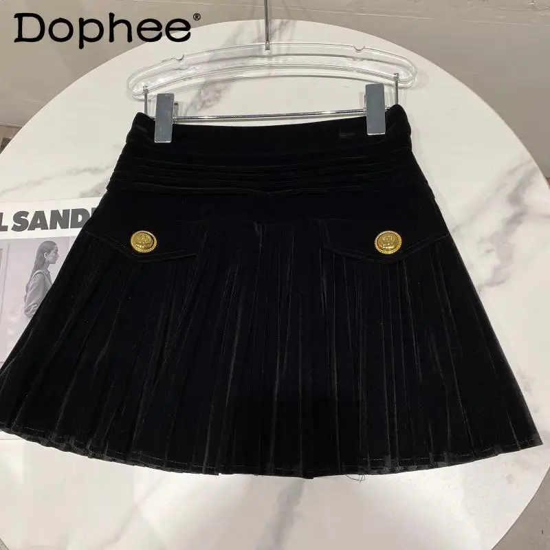 

Бархатная плиссированная юбка в стиле ретро с металлической пряжкой, женская короткая юбка с высокой талией и карманами, женские мини-юбки ...