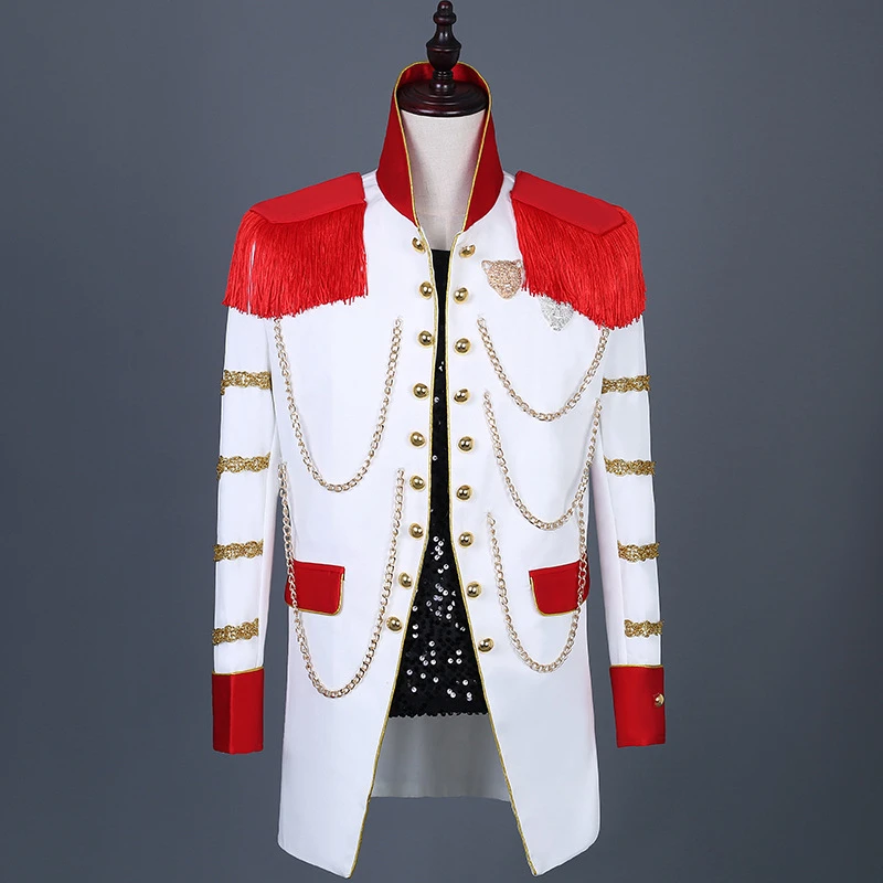 

Male Singer's Performance Suit Nightclub Dj Mid-long Jacket Court Style Men's Red Tassel Blazer with Gold Chains
