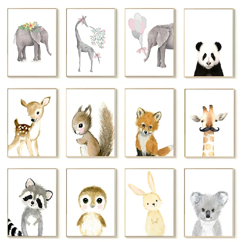 

Cute Cartoon Animal Picture Home Wall Modern Art Elephant Poster Flower Backdrop Canvas Painting for Kids Bedroom