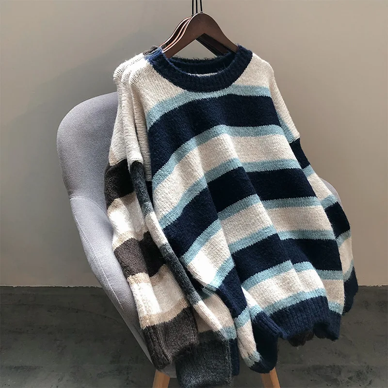 

Oversized Striped Sweater Women 2020 New Autumn Winter O Neck Lazy Wind Knitted Pullover Chic Tops Female For Fashion CRRIFLZ