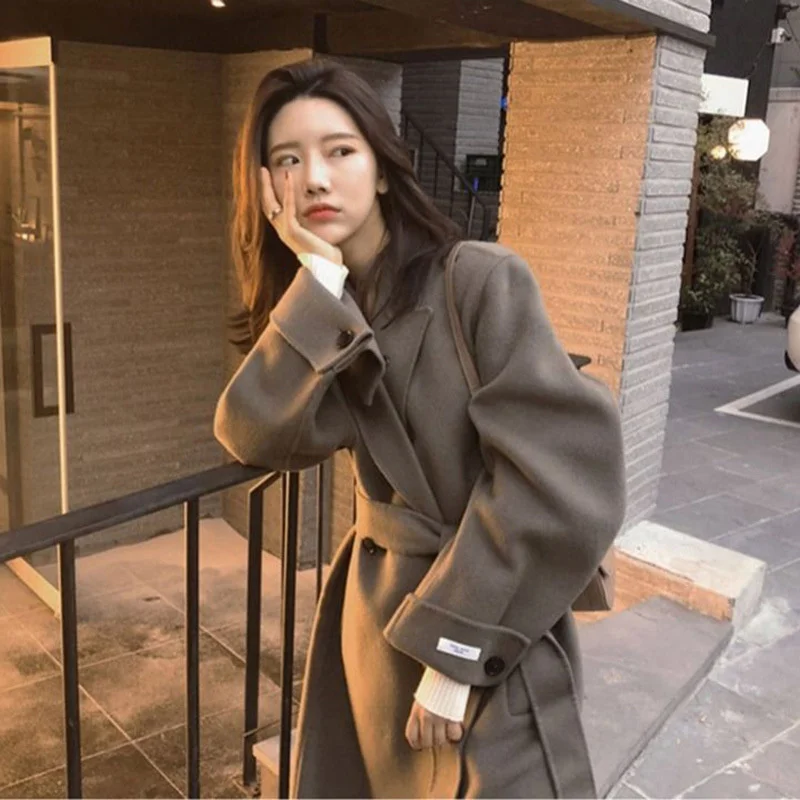 

Корейское двустороннее кашемировое пальто, женское средней длины до колена, свободное шерстяное пальто в стиле Хепберн, восточные ворота, о...