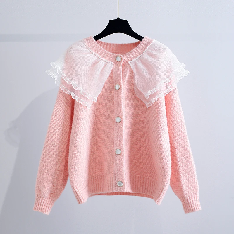 

Sweater Cardigan for Women Coat 2021 Autumn Winter New Korean Sweet Knitwear Girls Thick Sweater Lace Stitching Pink Cardigants