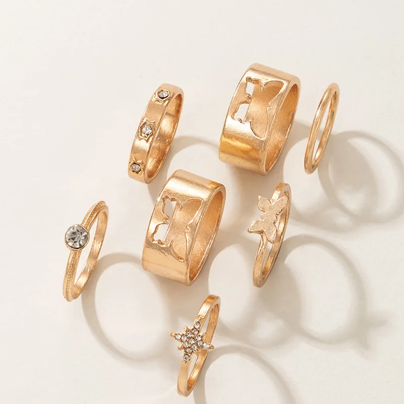 

7Pcs Butterfly Couple Adjustable Opening Ring Set For Women Men Unisex Gold Silver Color Metal Rings Trendy Jewelry